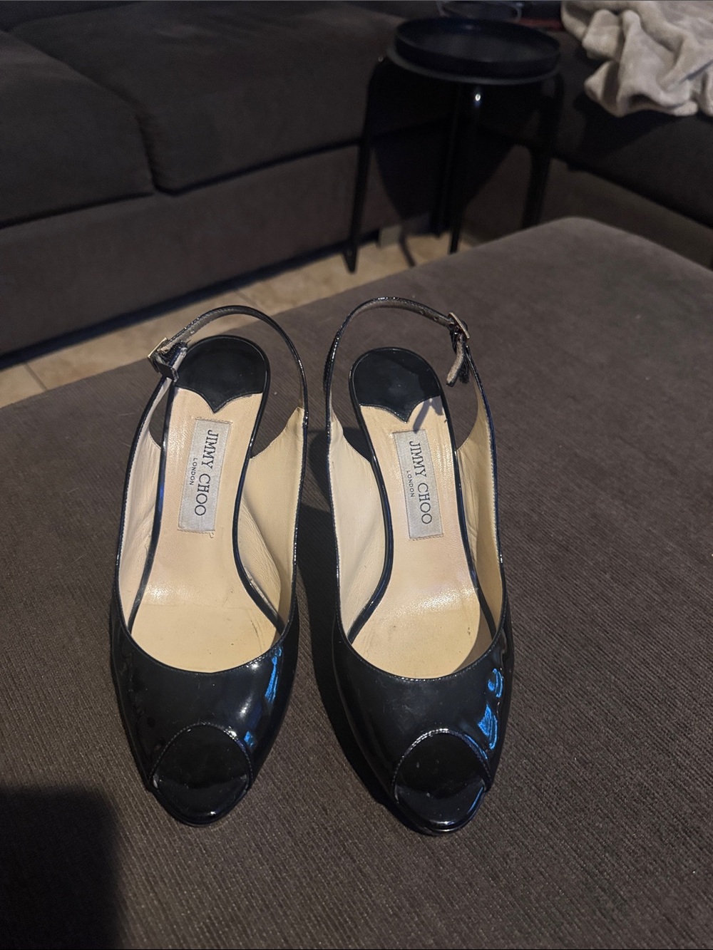 Jimmy Choo Black Patent Peep-Toe Slingback Heels